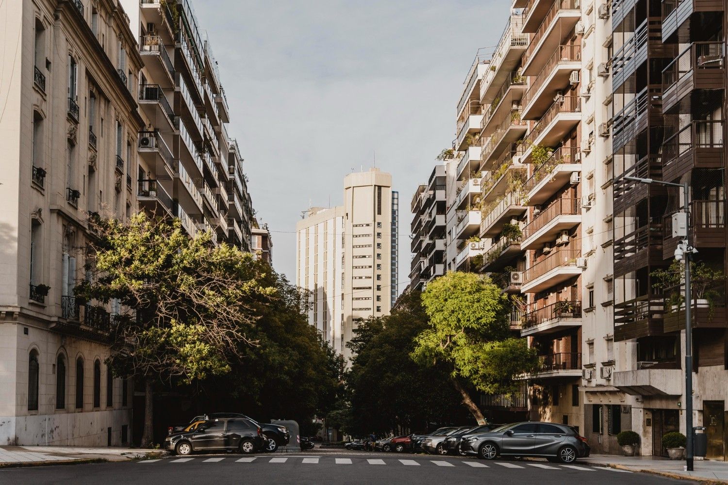 A tree-lined street between older apartment buildings with balconies