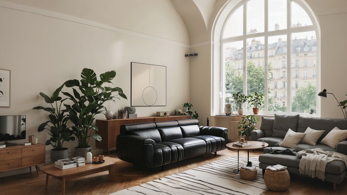 Living room with a tall arched window, a leather sofa and large indoor plants