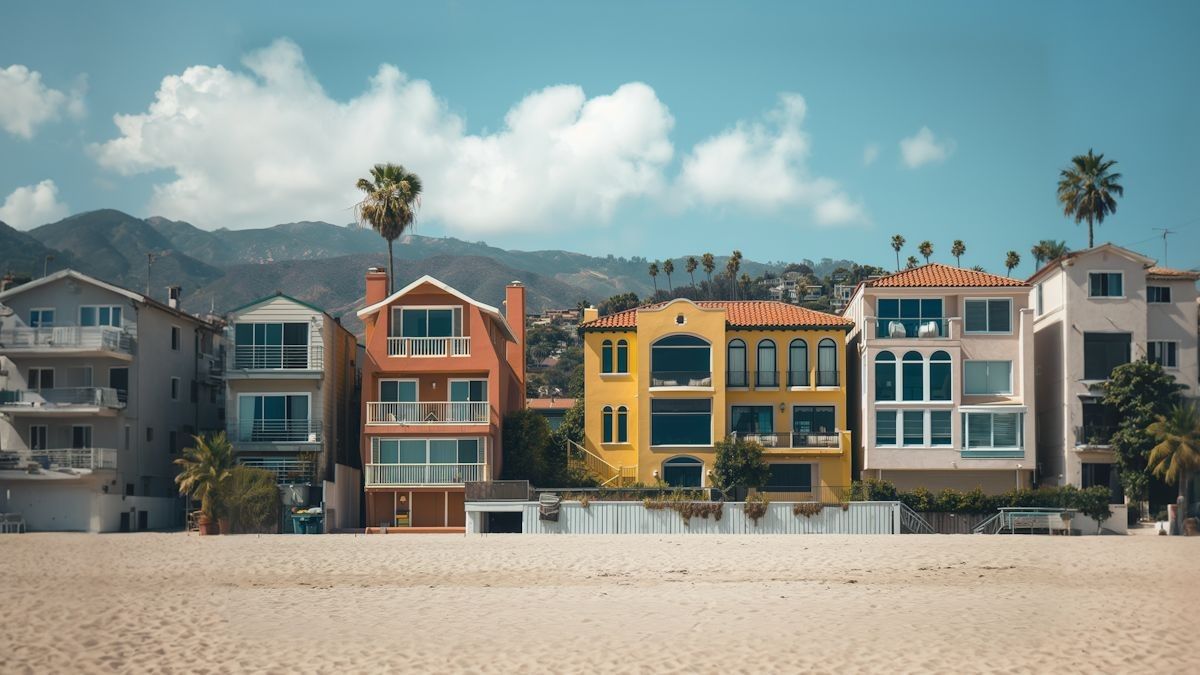 A row of colourful two-storey houses facing a sandy beach with hills behind
