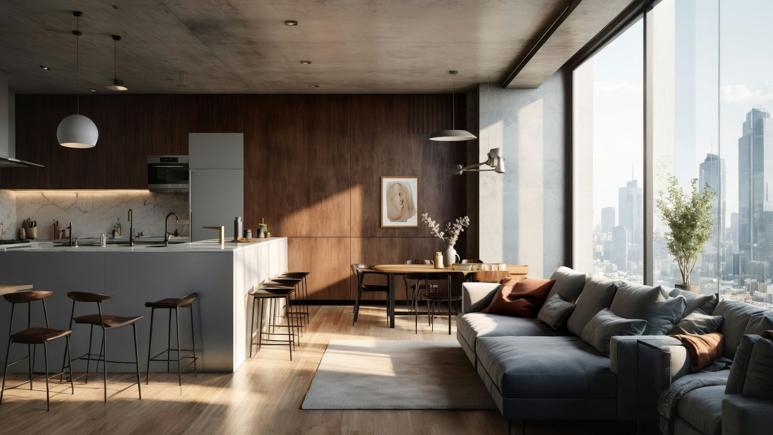 Open-plan kitchen and living room with timber walls, bar stools and city views