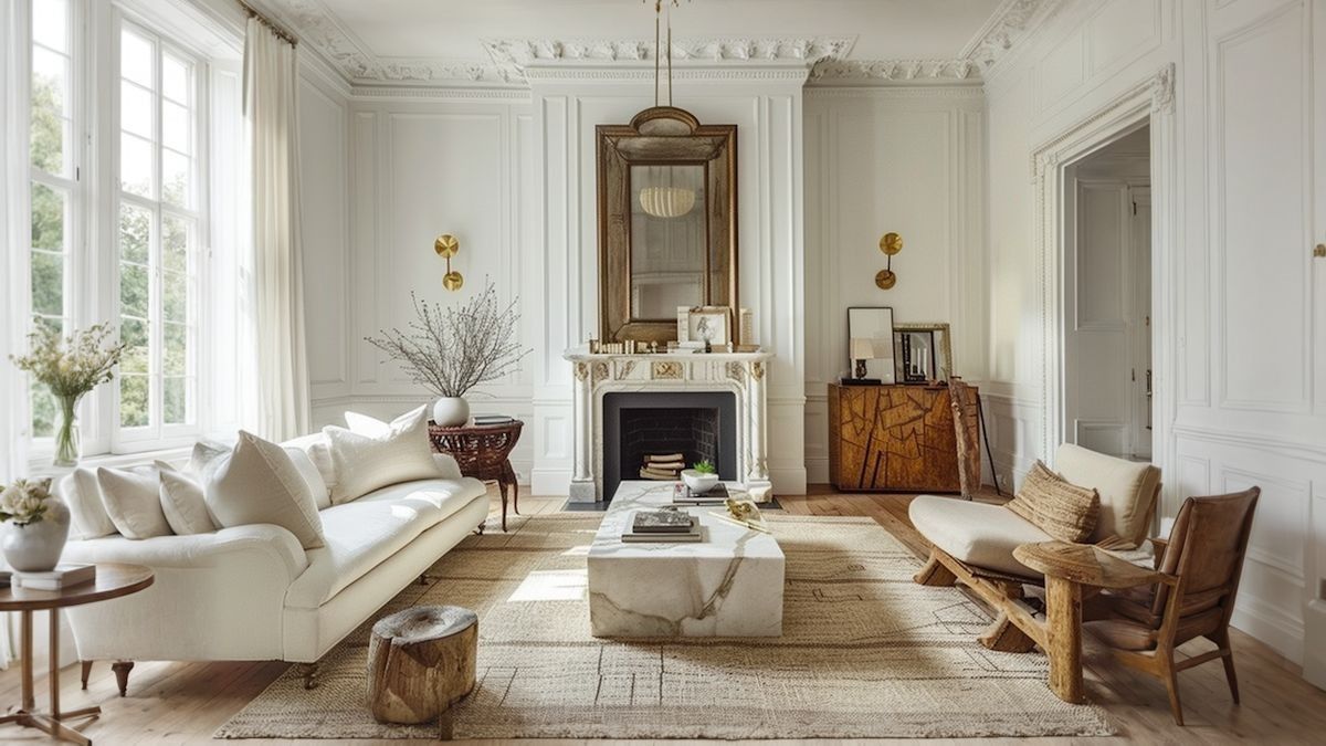 Classic living room with a marble fireplace, white sofas and a gilded mirror