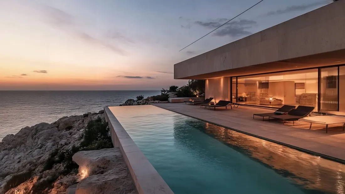 Low glass pavilion with an infinity pool on a rocky clifftop above the ocean at sunset