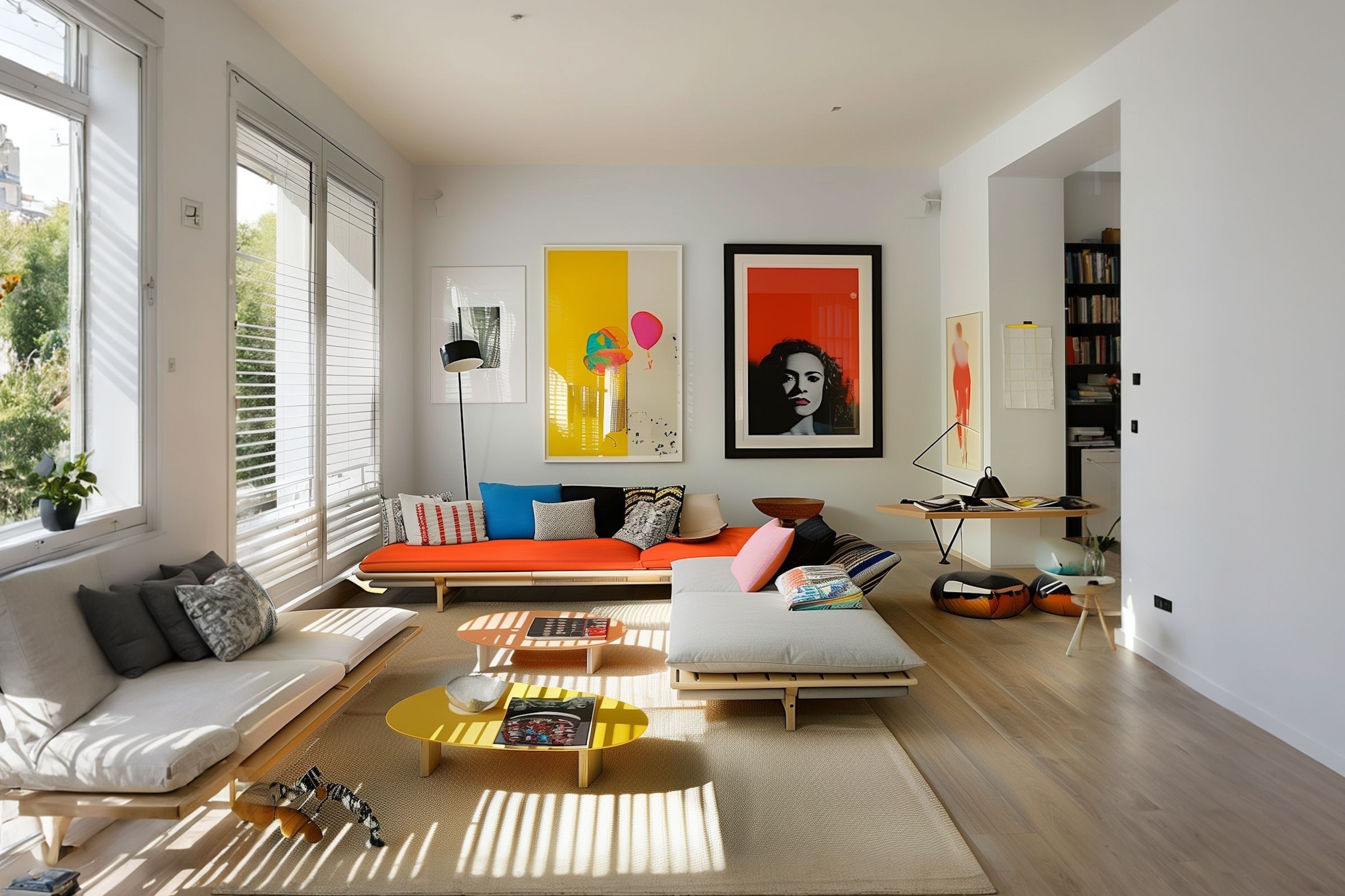 Sunny living room with a low sofa, colourful artwork and timber floors