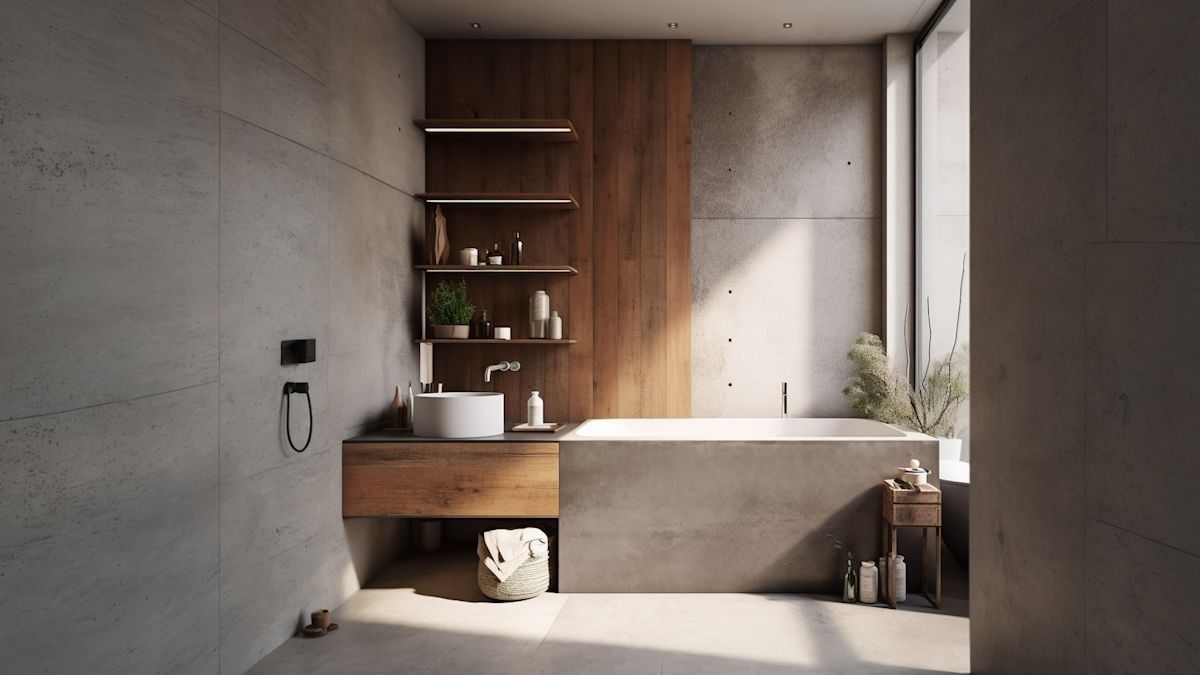 Bathroom with a concrete bathtub, timber shelving and a wall-mounted basin