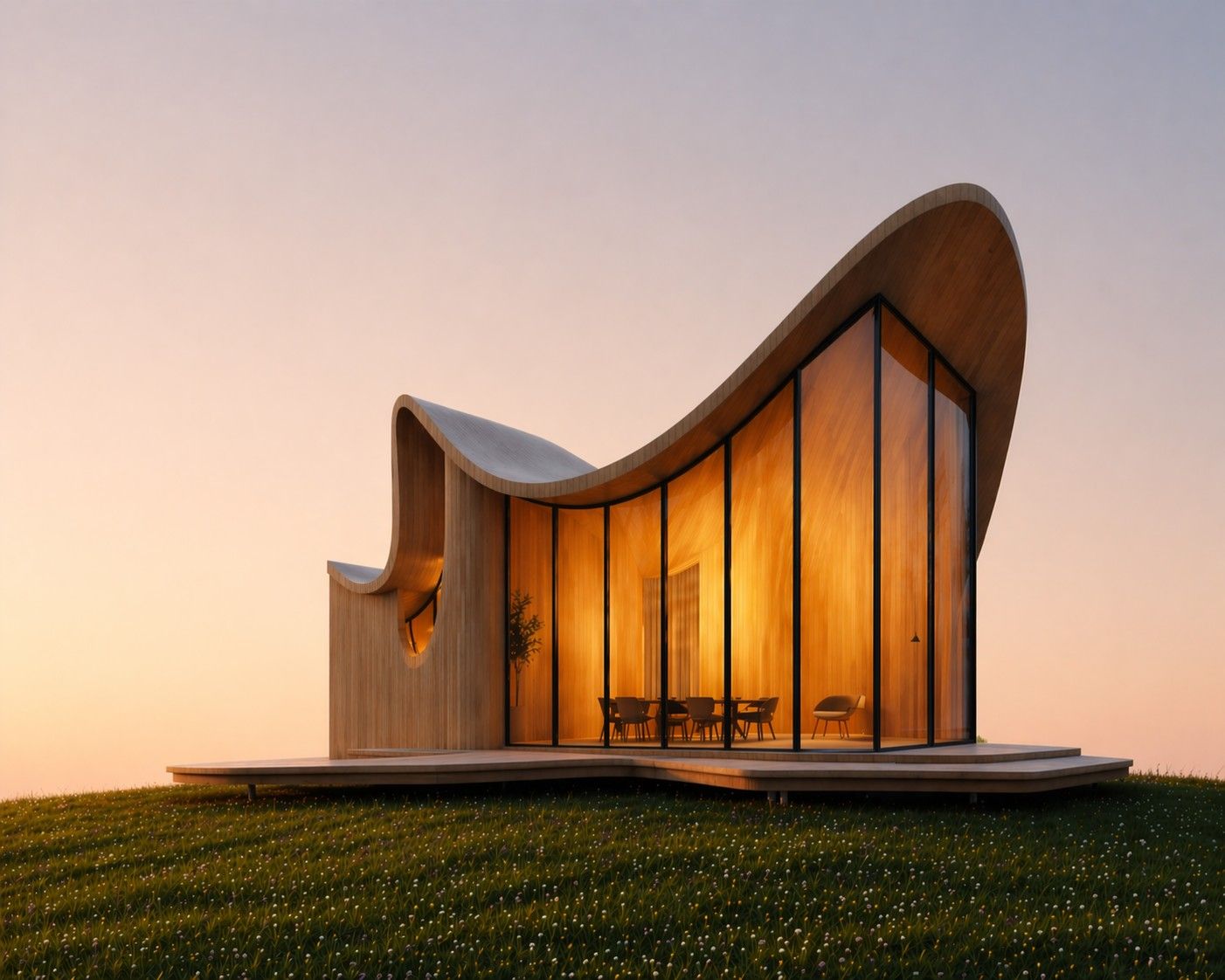 Timber house with a sweeping curved roof and a glass wall, lit warmly at sunset on a grassy rise