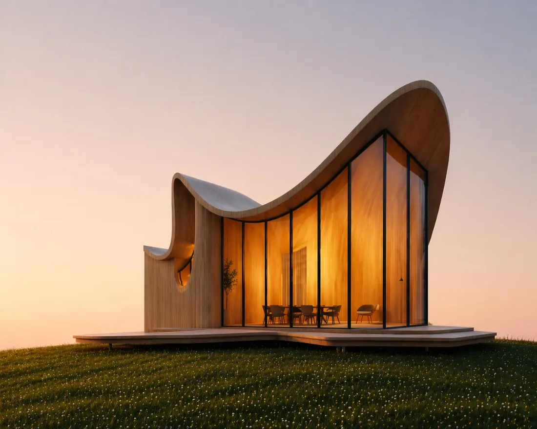 Timber house with a sweeping curved roof and a glass wall, lit warmly at sunset on a grassy rise