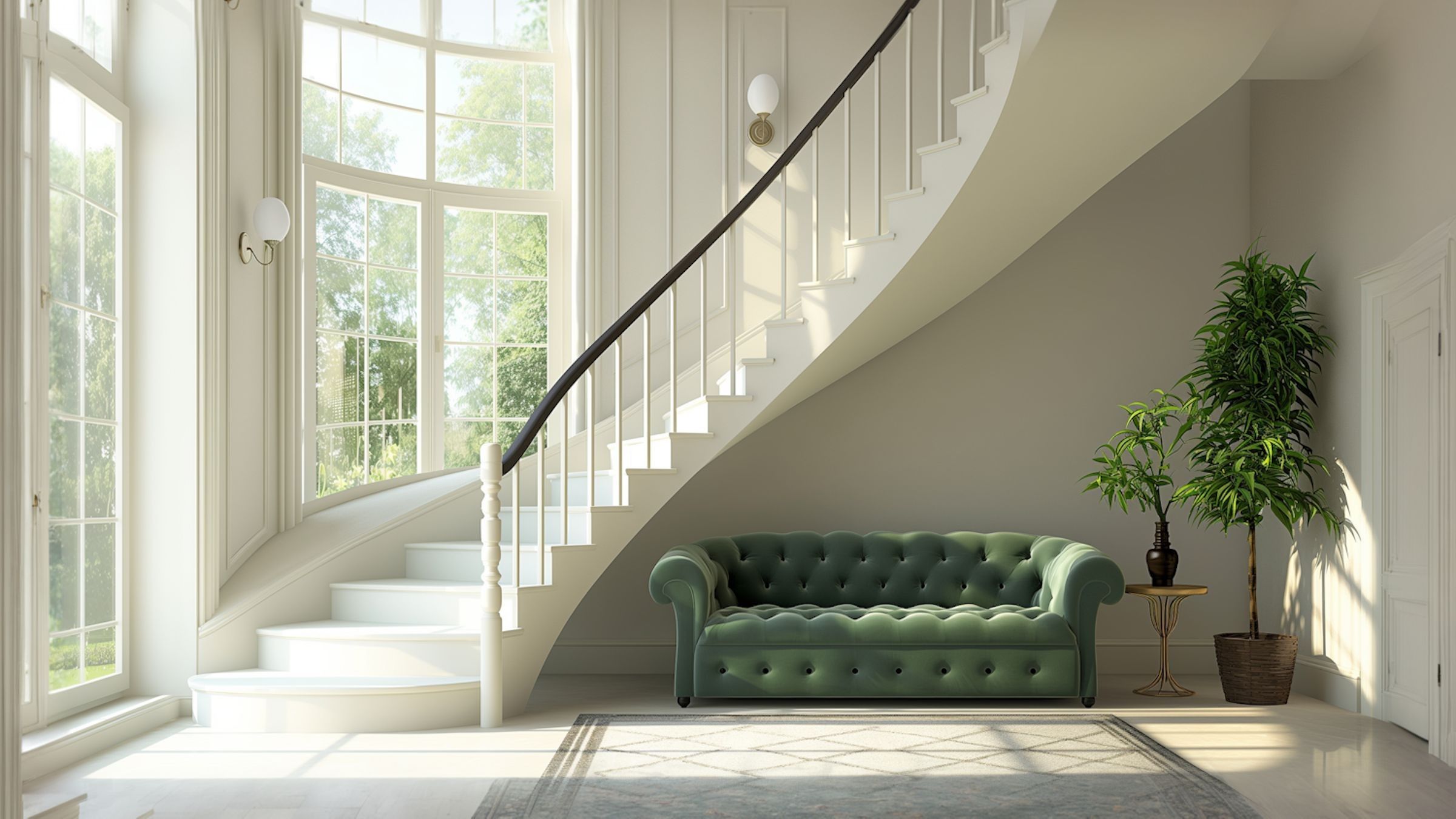 White entrance hall with a curved staircase, a green velvet sofa and tall windows