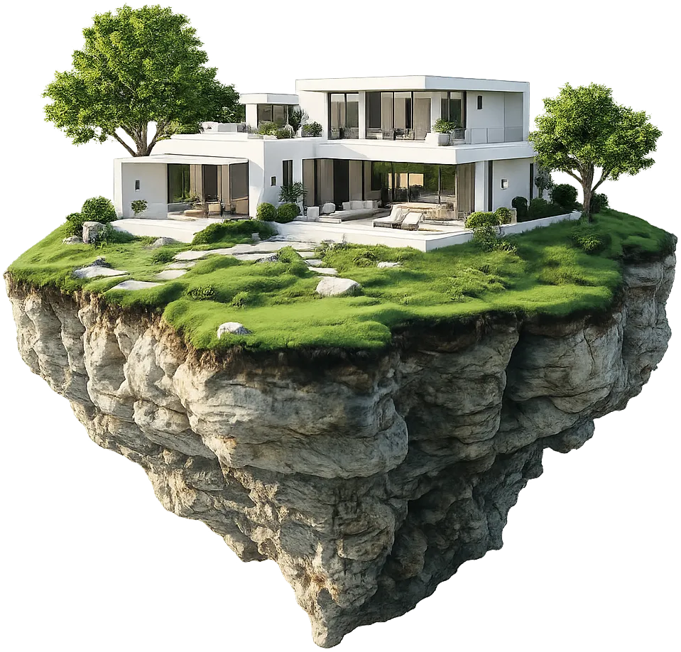 A white modern house with trees on a floating island of grass and rock