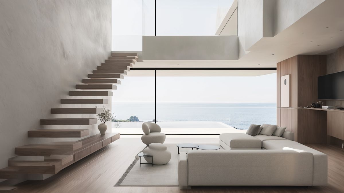 Bright double-height living room with floating timber stairs and white sofas