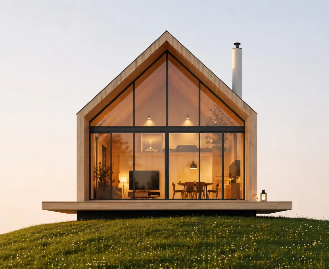Single-storey timber gable with a glazed front and raised deck, glowing at dusk on a grass slope