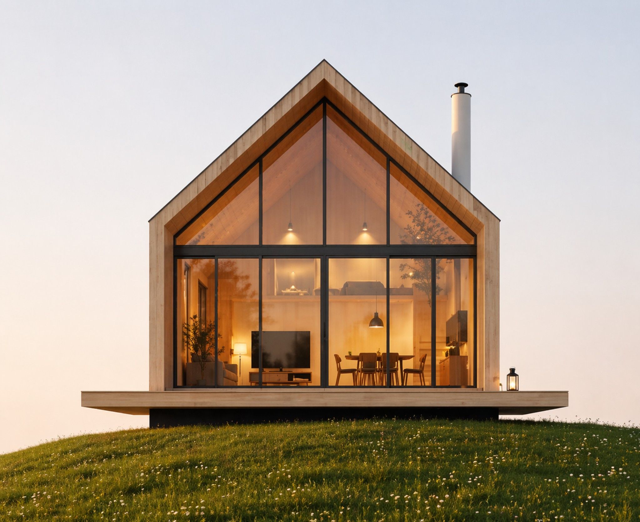 Single-storey timber gable with a glazed front and raised deck, glowing at dusk on a grass slope