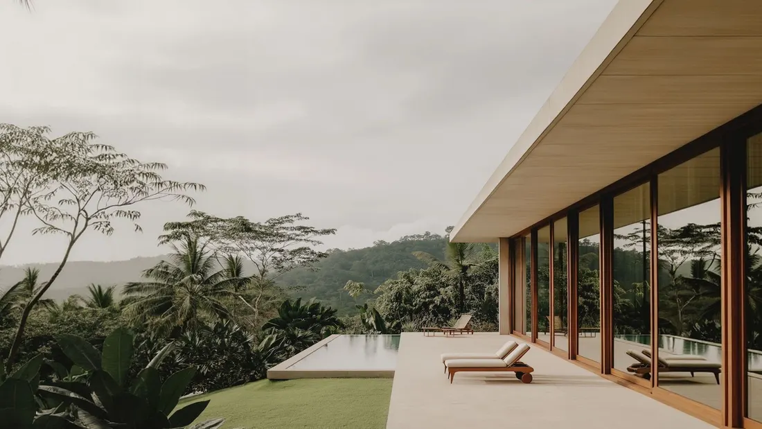 Timber-roofed pavilion with sliding glass doors opening onto a lawn and tropical garden