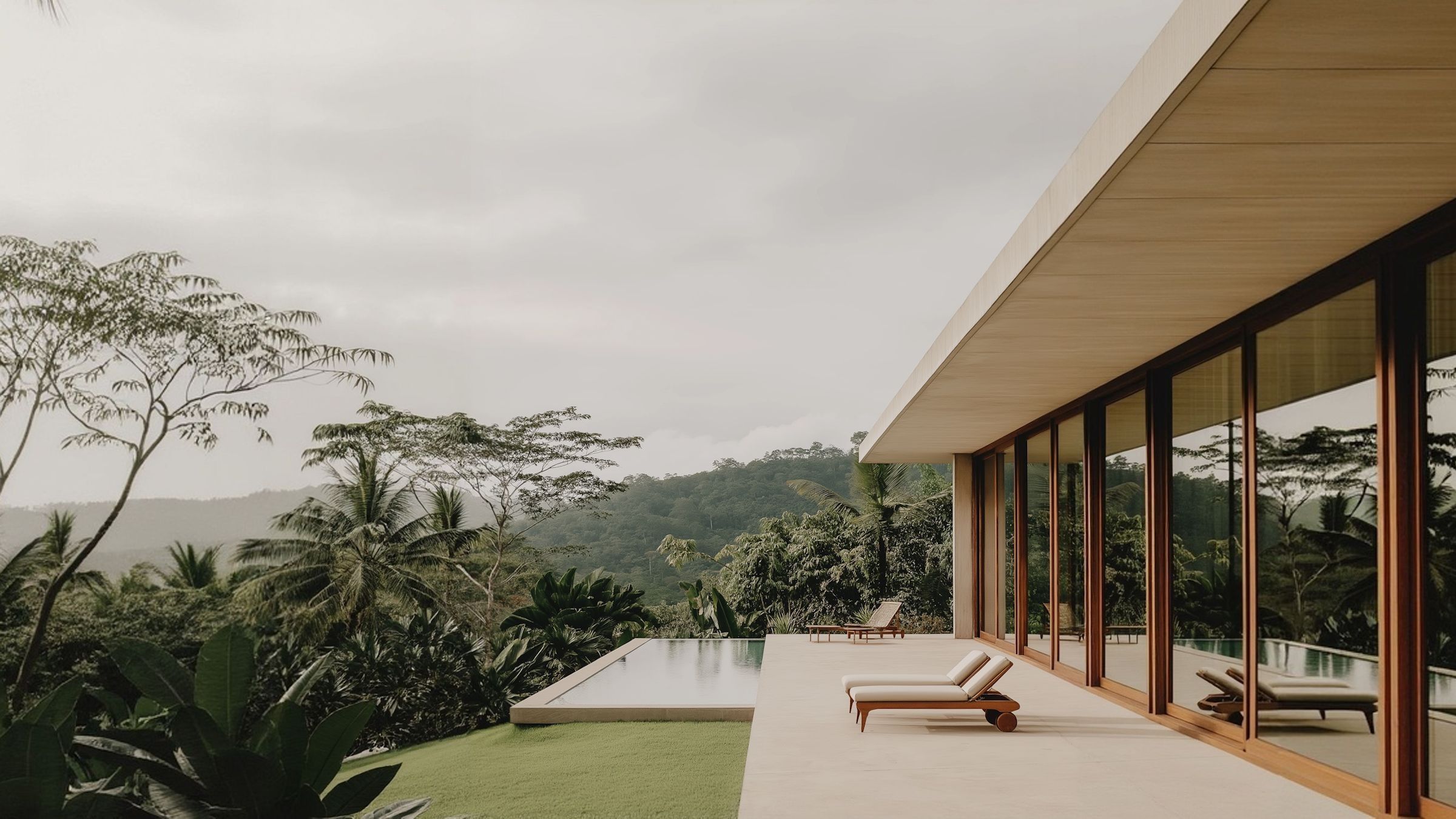Timber-roofed pavilion with sliding glass doors opening onto a lawn and tropical garden