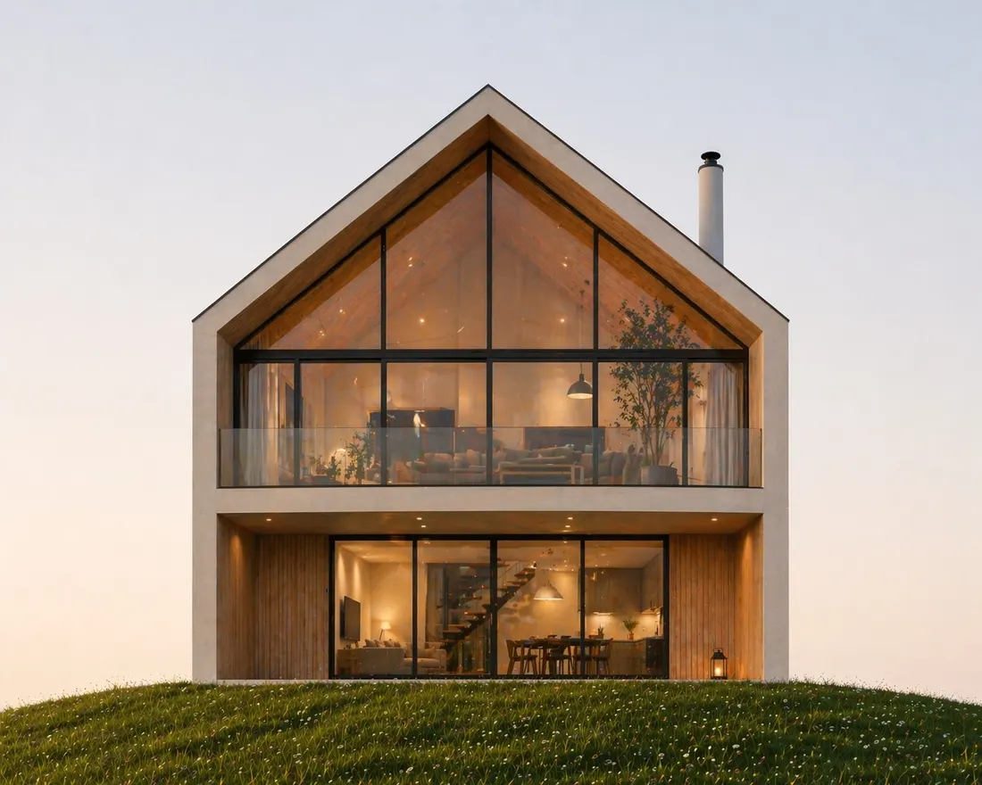 Two-storey timber gable house with a fully glazed end wall and balcony, at dusk on a lawn