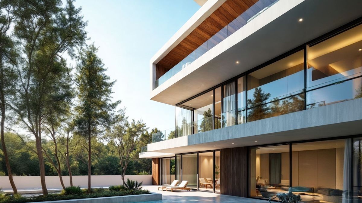 Three-level glass and timber house with balconies above a garden pool