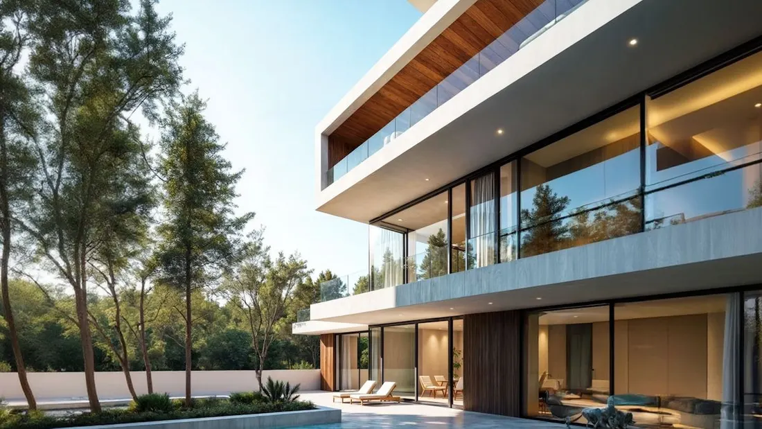 Three-level glass and timber house with balconies above a garden pool