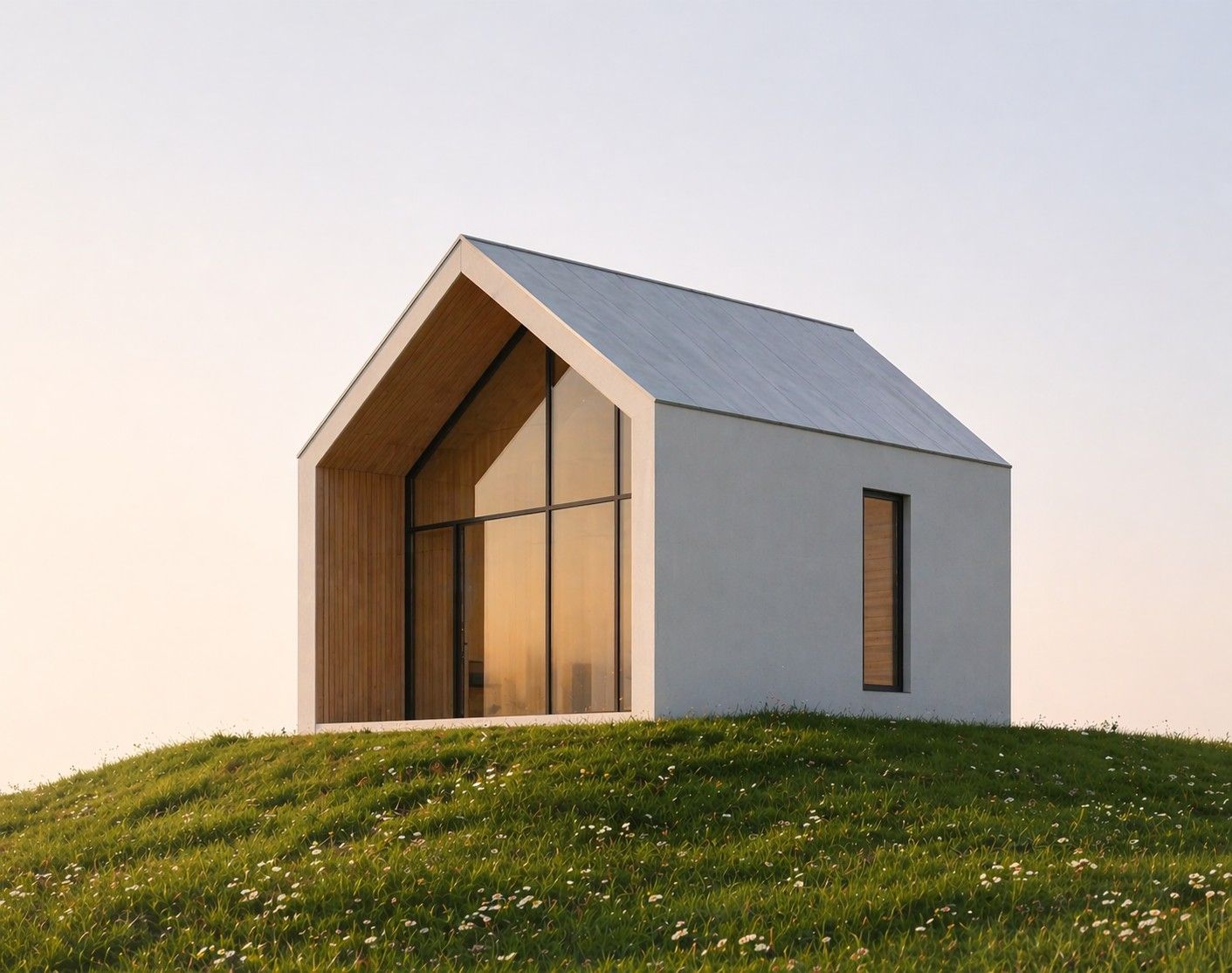 Small white gabled cabin with a timber-lined glass end, on a grassy hill at sunrise