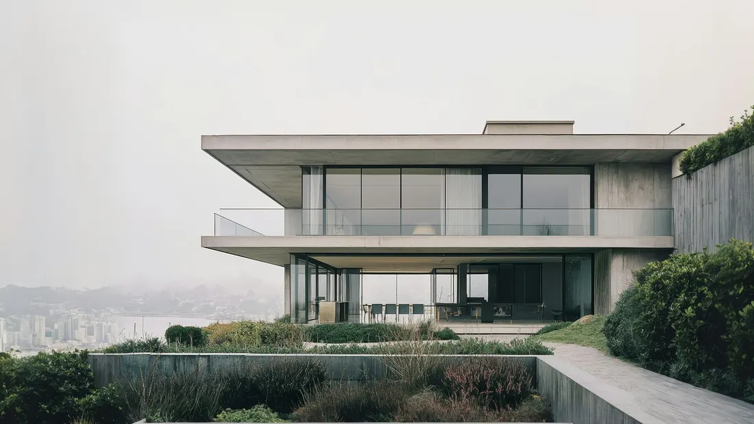 Concrete house with stacked glazed floors and terraces on a hillside above the water