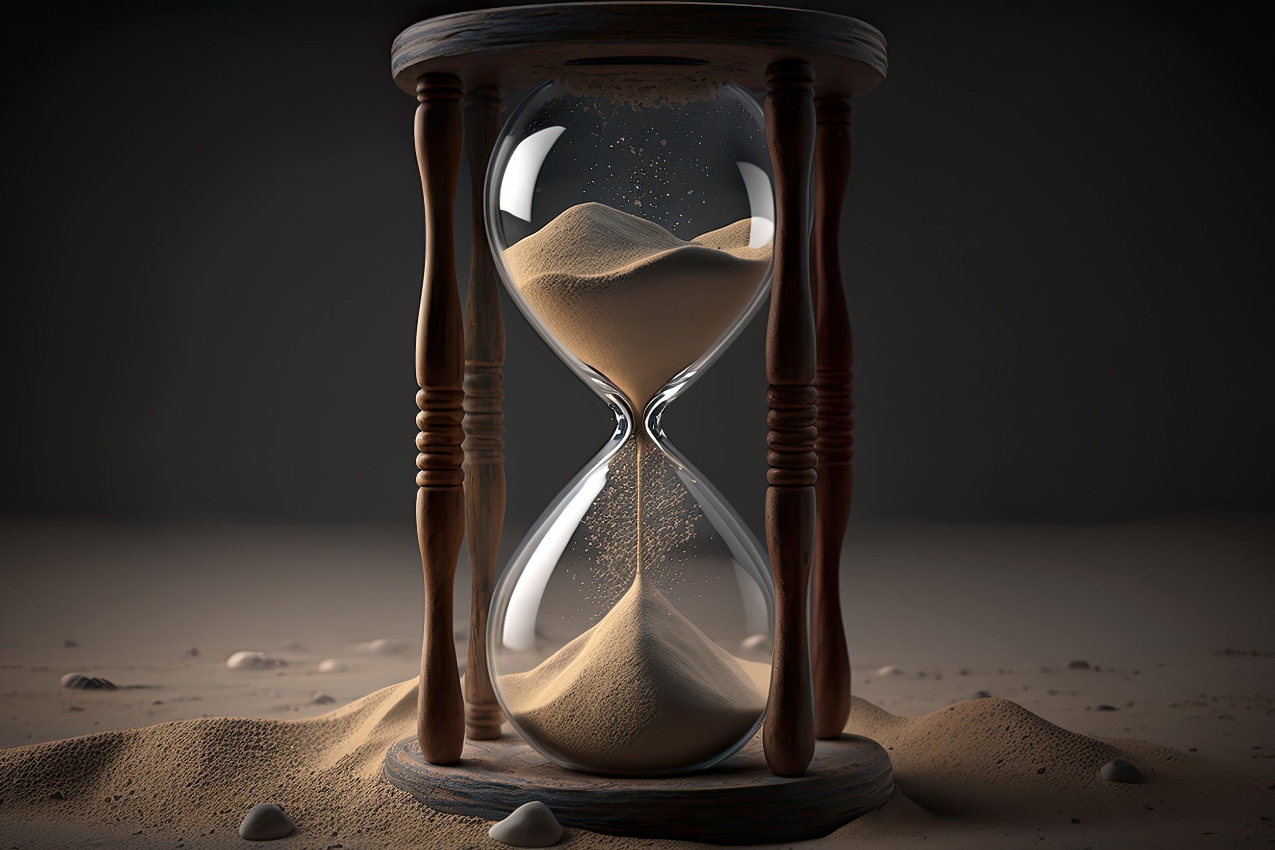 An antique hourglass with sand running through it on a dark background