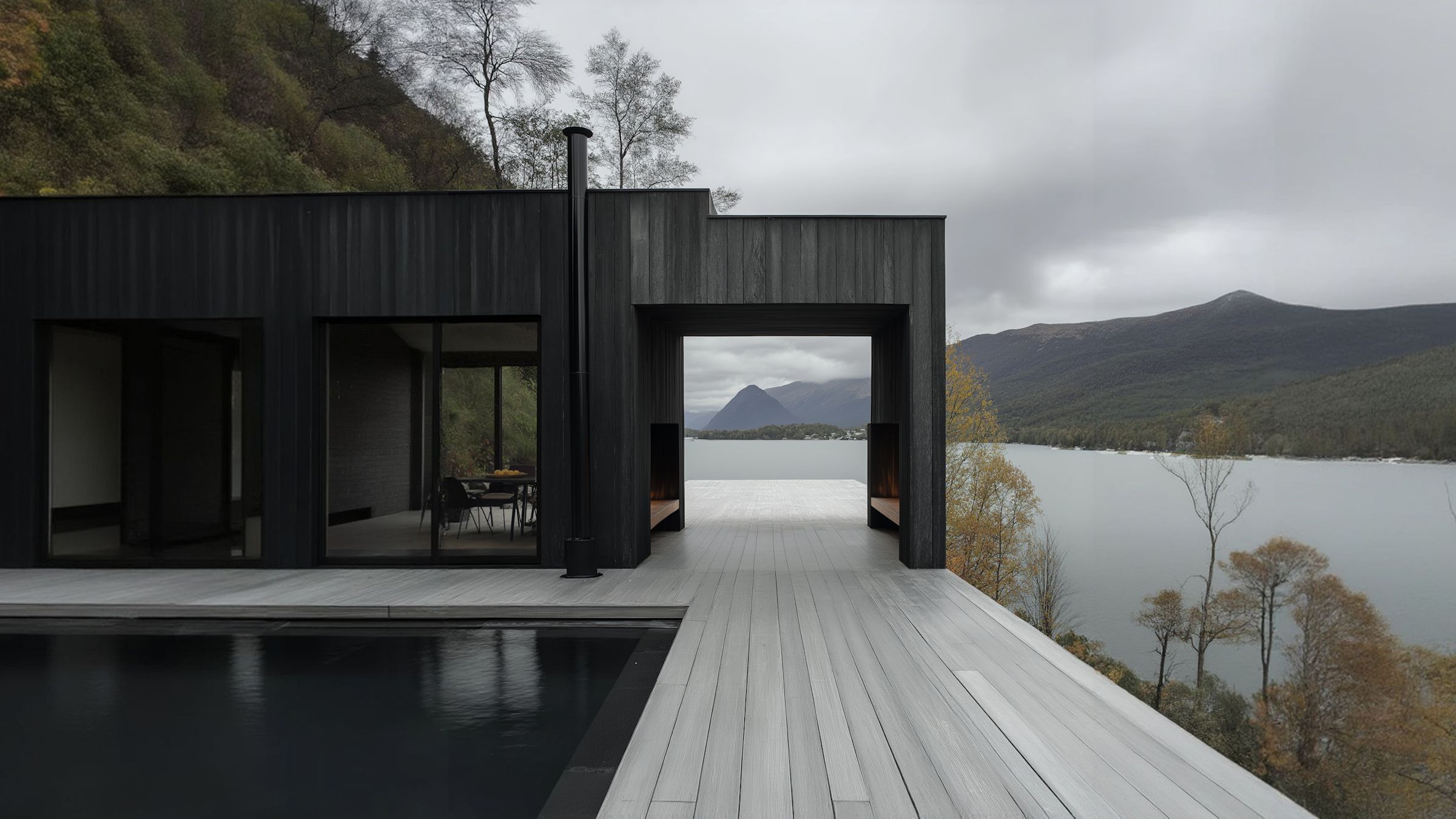 Black timber house opening onto a wide deck and plunge pool beside a lake and hills