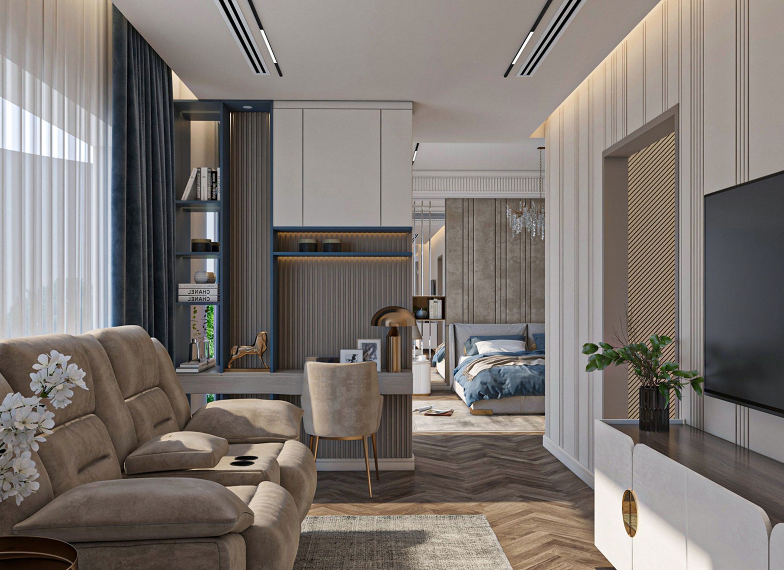 Living room with recliner armchairs, timber shelving and a view through to the bedroom