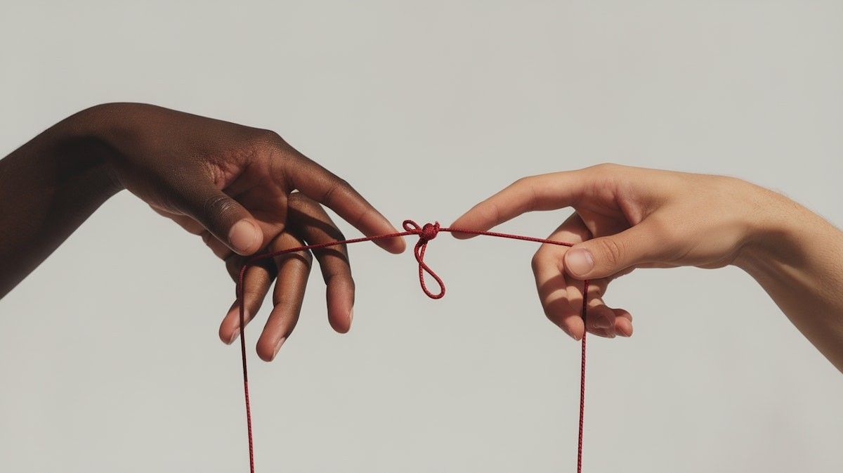 Two hands holding the ends of a thin red string tied in a bow