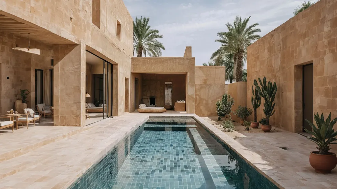 Sandstone courtyard with a long blue-tiled lap pool, palms and potted plants
