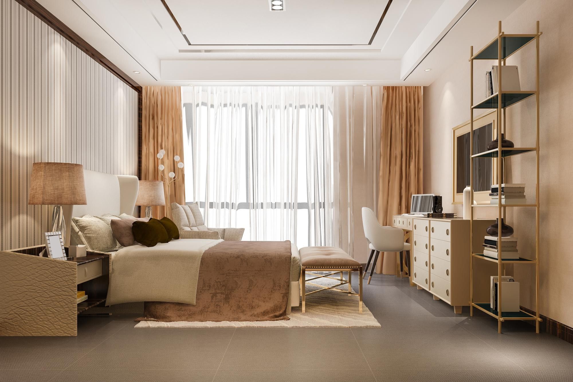 Bedroom in soft beige tones with sheer curtains, a desk and bookshelves