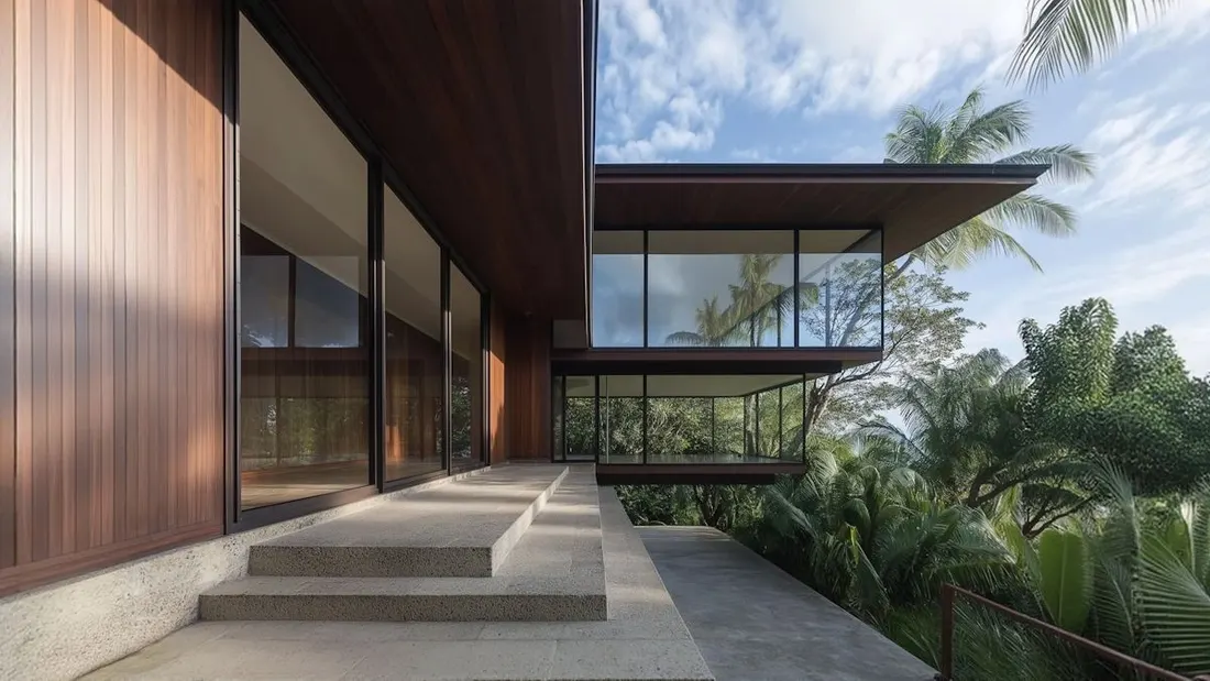 Timber-clad building entry with concrete steps leading out to tropical trees