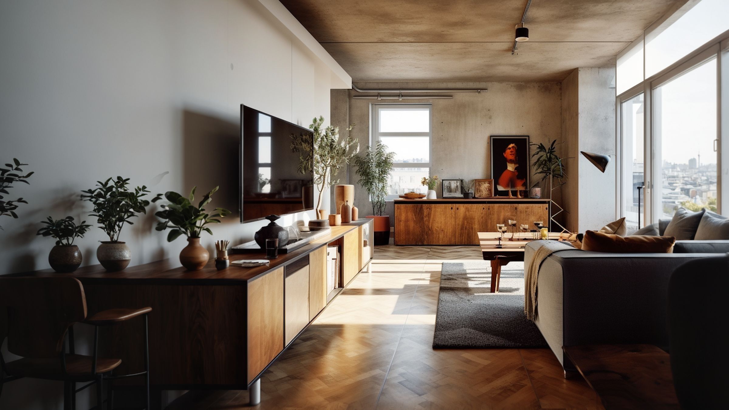 Long living room with timber panelling, a low sideboard and windows at the end